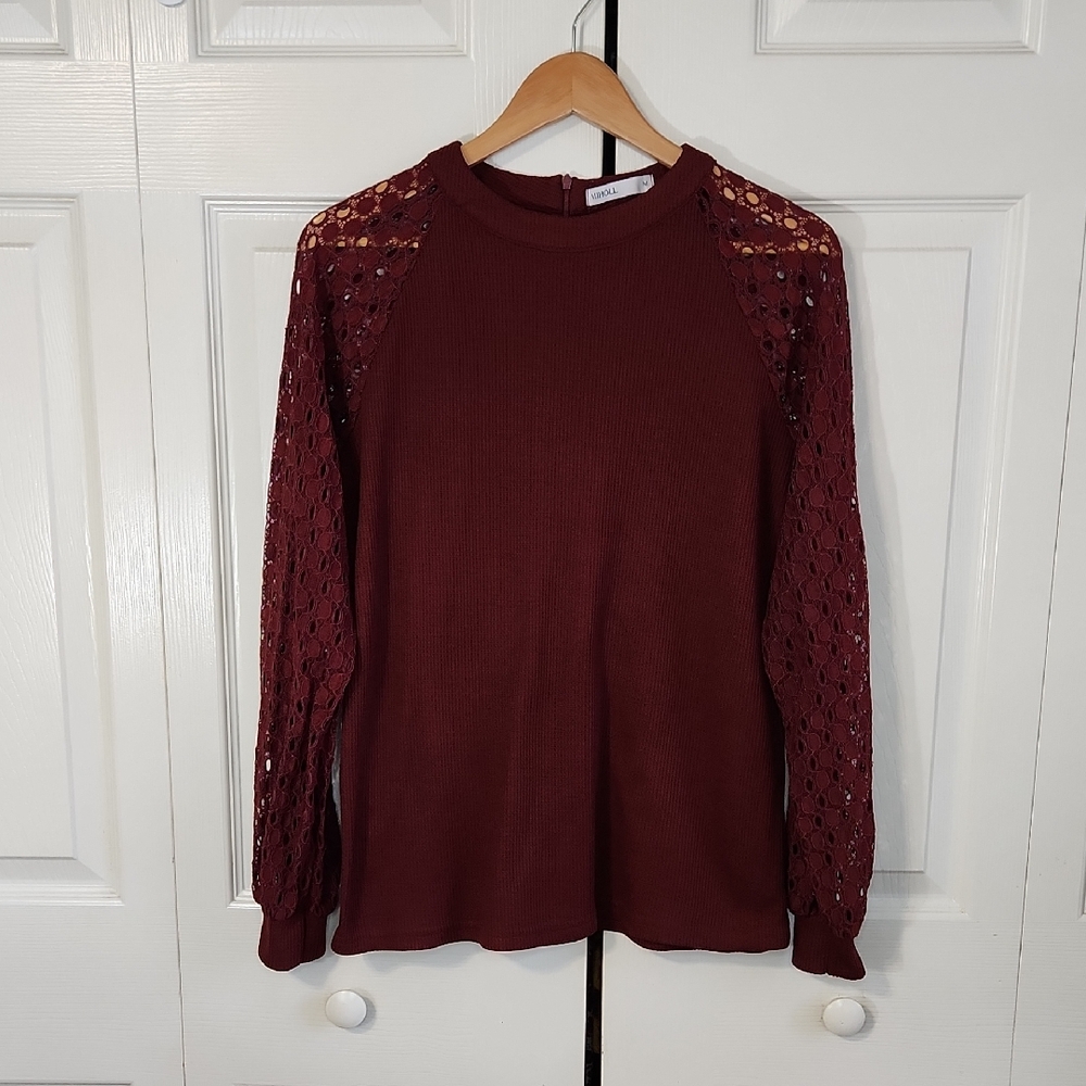Miholl Womens Maroon Thermal‎ Lace Sleeve Top Size Med Zip Boho Cottage Granola